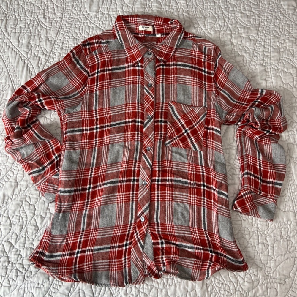 Dylan Plaid Orange Red Cream Women's Every Day Long Sleeve Shirt Size Small